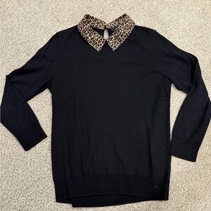 Black Sweater with Leopard Print Collar